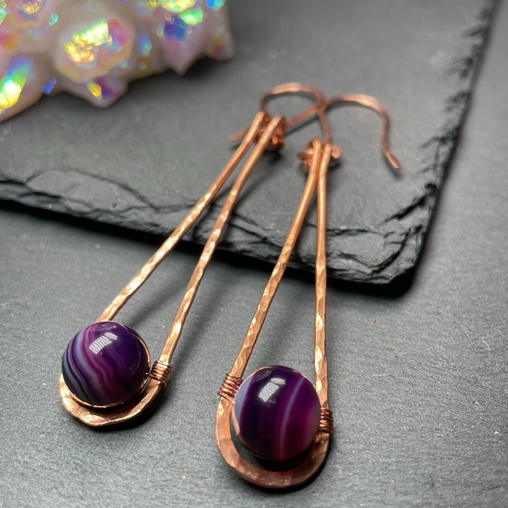 Purple Crazy Laced Agate Hammered Copper Dangle Earrings - Picture 11 of 11
